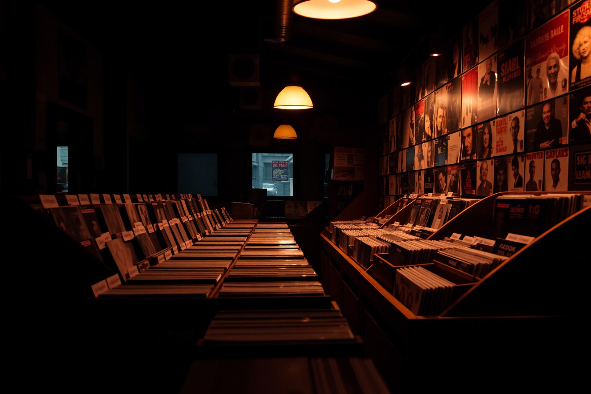 Inside CS Recordz — rows of vinyl crates and album-covered walls