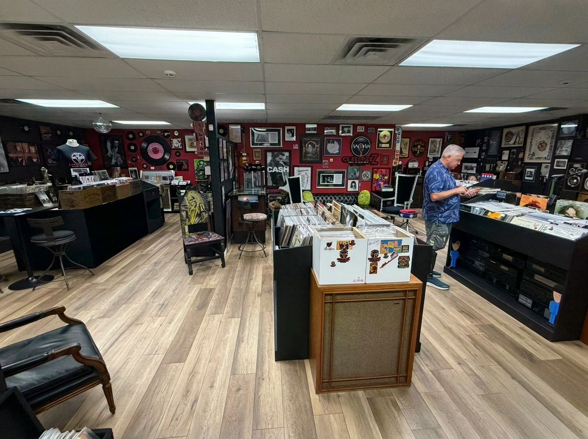 Inside CS Recordz — vinyl crates, red wall of memorabilia, and a customer browsing records